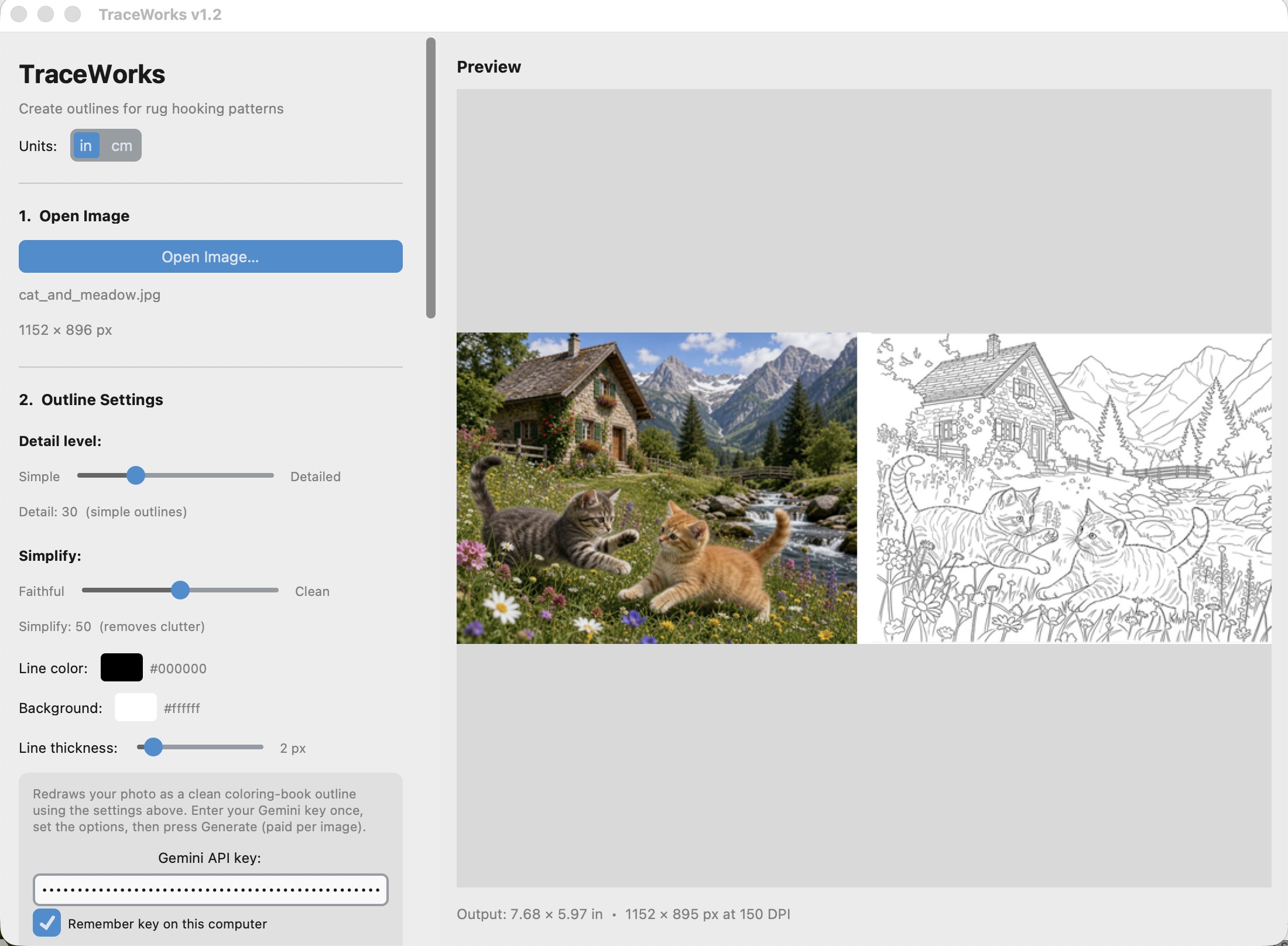 TraceWorks showing a meadow photo of two kittens beside its clean black-and-white outline pattern, side by side